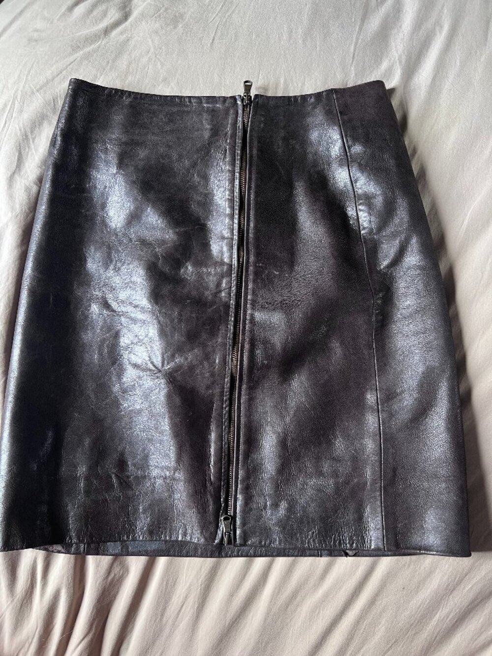 Rare Vintage Celine Mid-Length Black Leather Skirt w/ Front Zip
